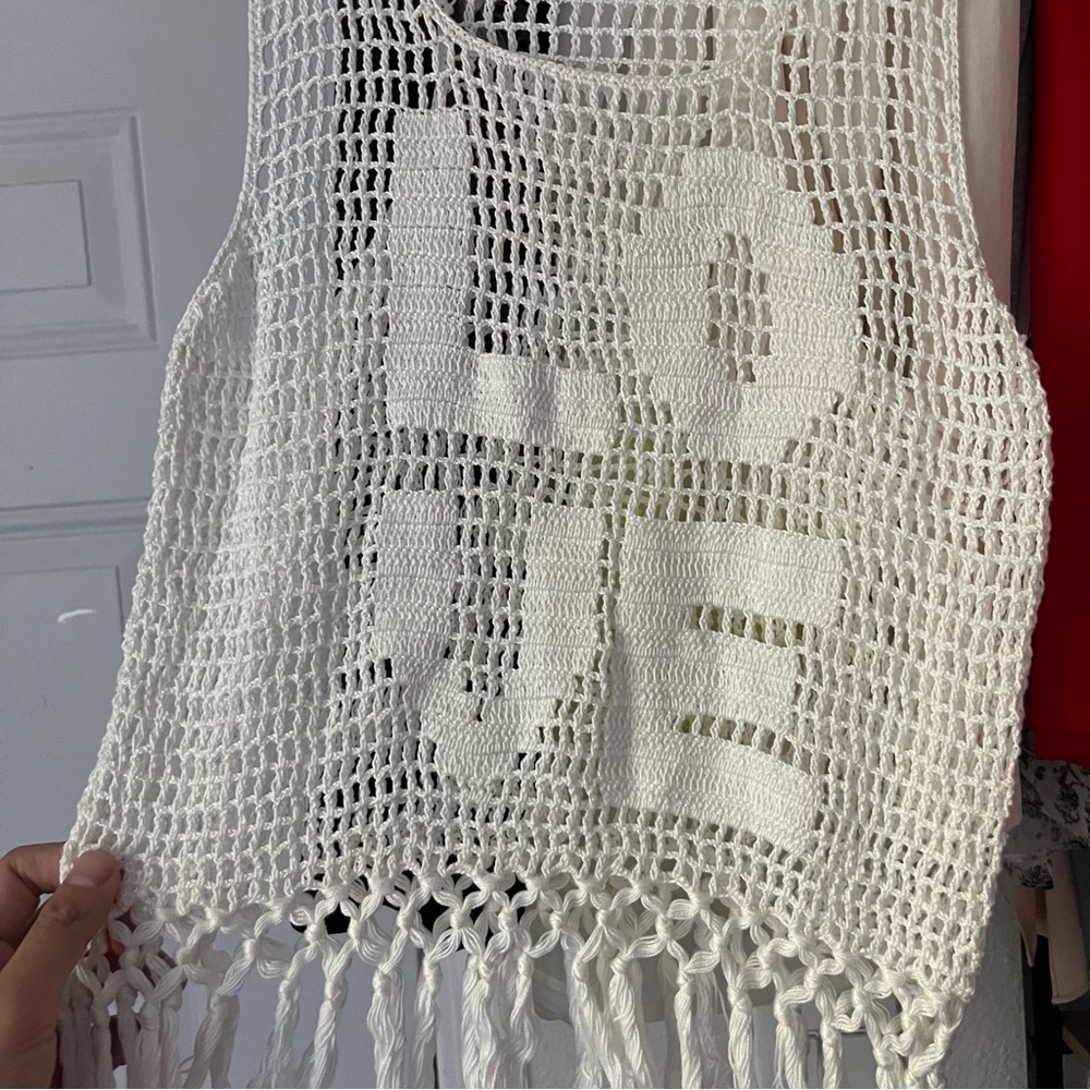 ANNA KOSTUROVA white cotton open crochet knit fringe hem cropped sweater tank - Picture 2 of 6